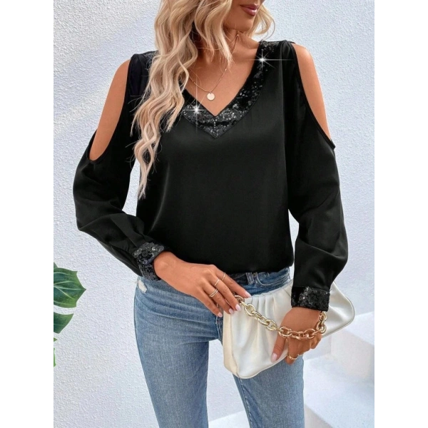 Kadın Uzun Kollu V Yakalı Omuzlardan Açık Sandy Bluz