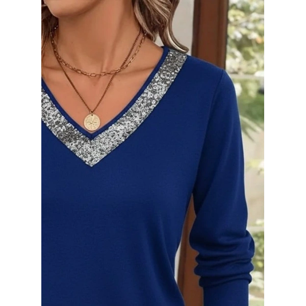 Kadın Uzun Kollu V Payet Yakalı Viskon Bluz