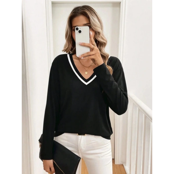 Kadın Uzun Kollu V Yakalı Viskon Iki Iplik Bluz