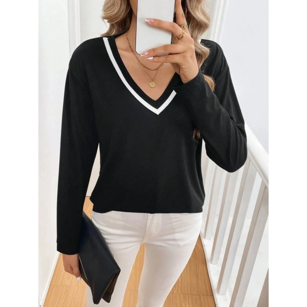Kadın Uzun Kollu V Yakalı Viskon Iki Iplik Bluz