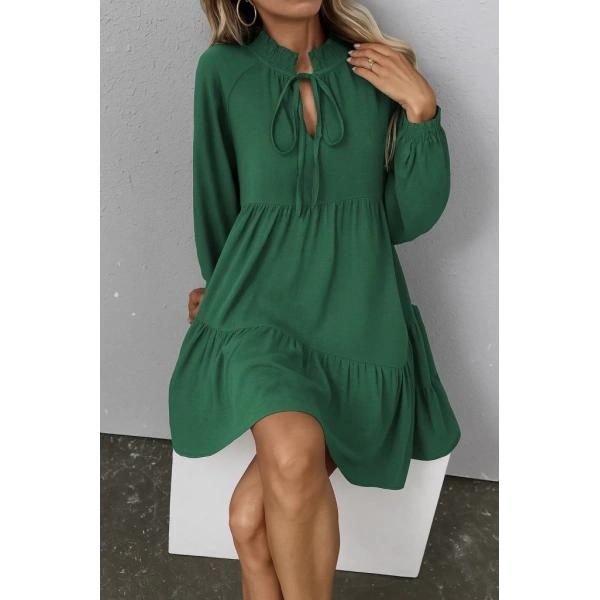 Kadın Uzun Kollu Yakadan Bağcıklı Fırfırlı Keten Mini Elbise