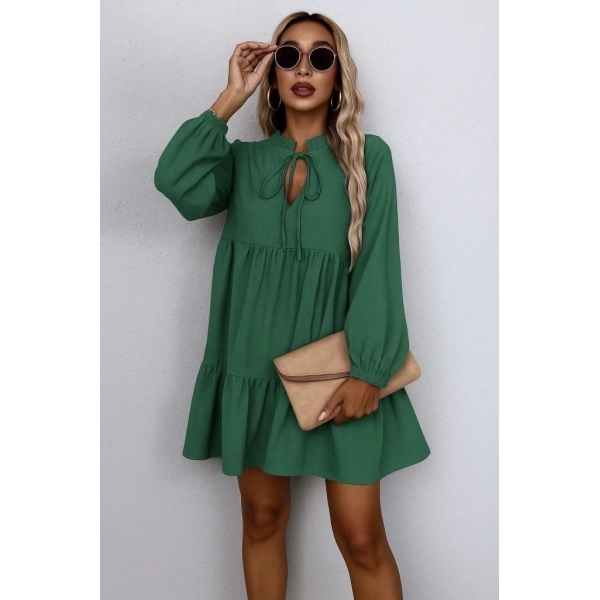 Kadın Uzun Kollu Yakadan Bağcıklı Fırfırlı Keten Mini Elbise