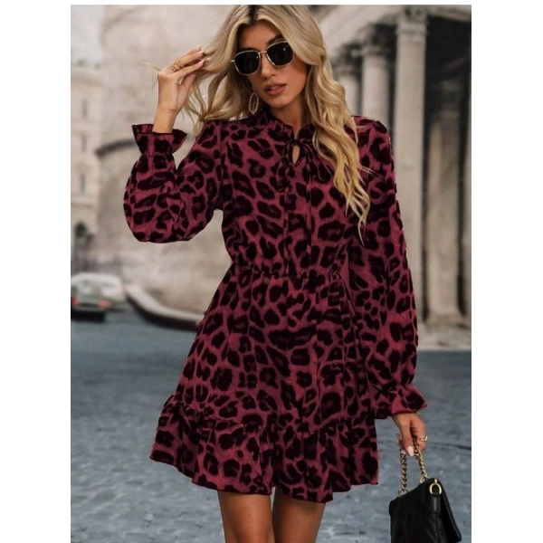 Kadın Uzun Kollu Yakadan Bağcıklı Modal Leopar Desenli Mini Elbise