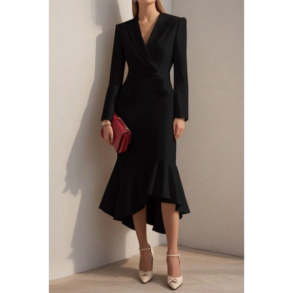 Kadın Uzun Kollu Yakalı Belden Oturtmalı Midi Ithal Krep Elbise