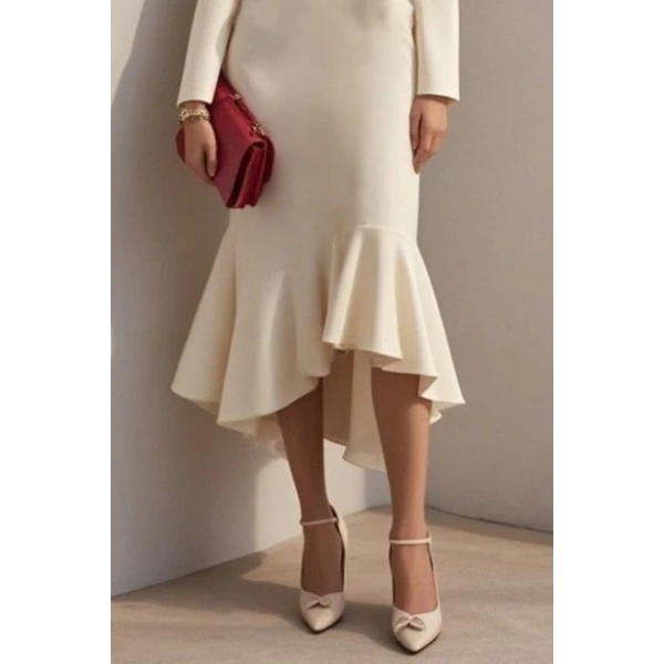 Kadın Uzun Kollu Yakalı Belden Oturtmalı Midi Ithal Krep Elbise