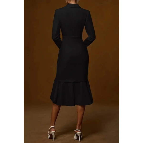 Kadın Uzun Kollu Yakalı Belden Oturtmalı Midi Ithal Krep Elbise