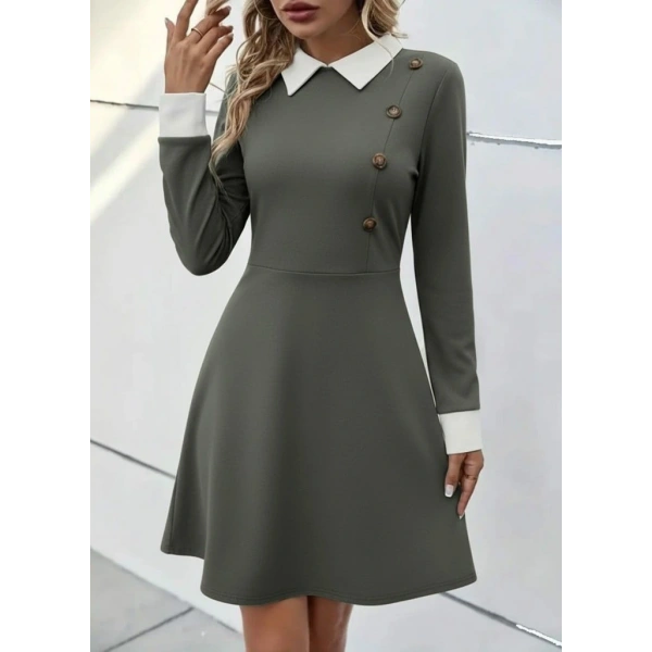 Kadın Uzun Kollu Yakalı Düğmeli çağla Yeşili Modal Mini Elbise
