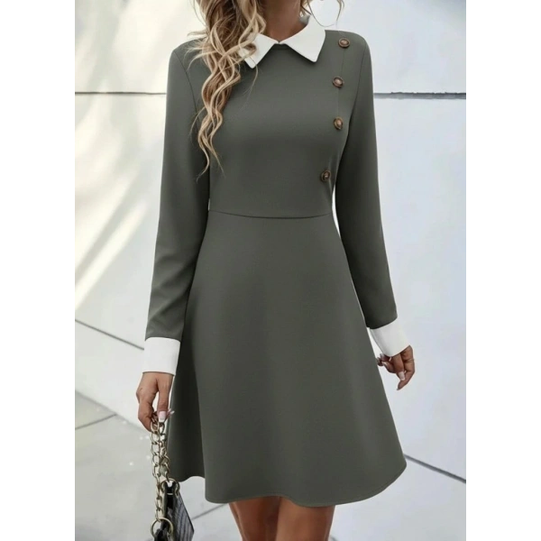 Kadın Uzun Kollu Yakalı Düğmeli çağla Yeşili Modal Mini Elbise