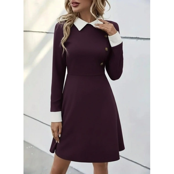 Kadın Uzun Kollu Yakalı Düğmeli Mürdüm Modal Mini Elbise