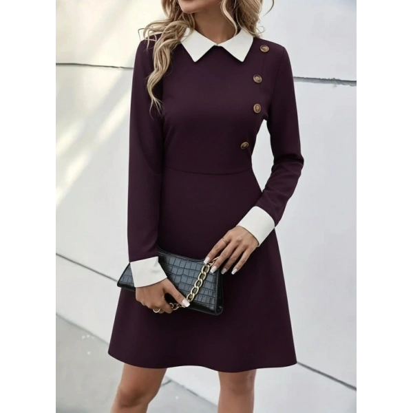 Kadın Uzun Kollu Yakalı Düğmeli Mürdüm Modal Mini Elbise