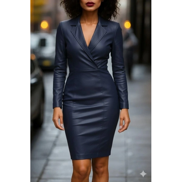 Kadın Uzun Kollu Yakalı Mini Deri Elbise