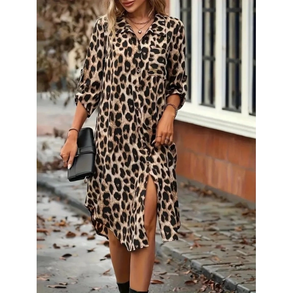 Kadın Uzun Kollu Yakalı önden Düğmeli Leopar Desenli Modal Midi Elbise