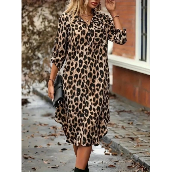 Kadın Uzun Kollu Yakalı önden Düğmeli Leopar Desenli Modal Midi Elbise