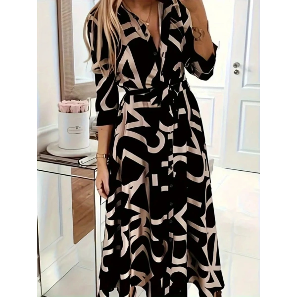 Kadın Uzun Kollu Yakalı önden Düğmeli Uzun Süprem Elbise