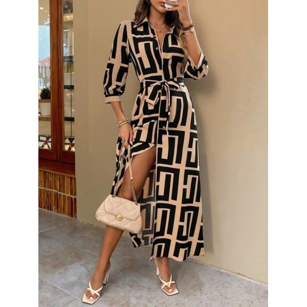 Kadın Uzun Kollu Yakalı önden Düğmeli Uzun Süprem Elbise