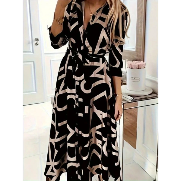 Kadın Uzun Kollu Yakalı önden Düğmeli Uzun Süprem Elbise