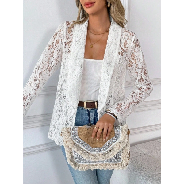 Kadın Uzun Kollu Yakalı önü Açık Dantelli Ceket