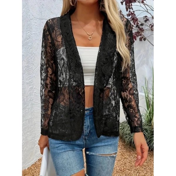 Kadın Uzun Kollu Yakalı önü Açık Dantelli Ceket