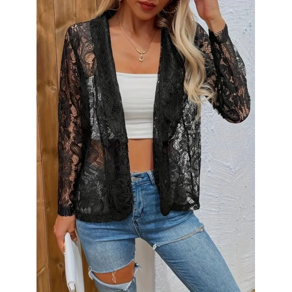Kadın Uzun Kollu Yakalı önü Açık Dantelli Ceket