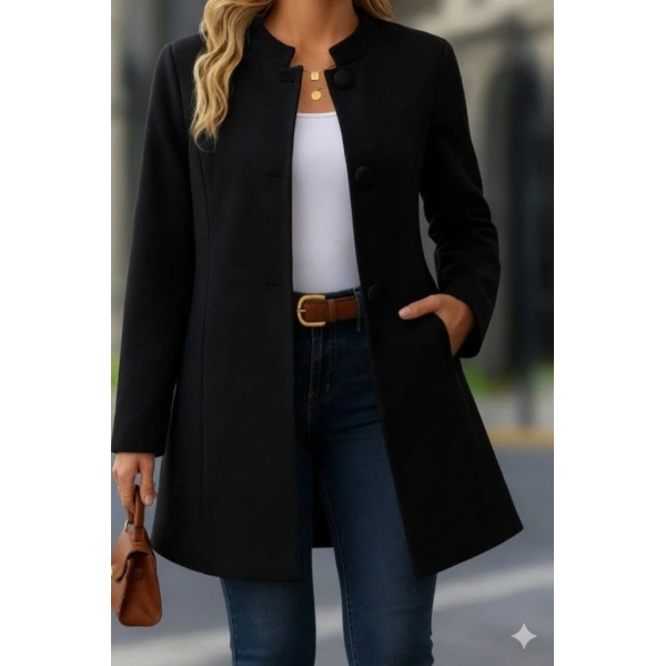 Kadın Uzun Kollu Yakalı önü Düğmeli Ithal Kaşe Astarlı Kaban