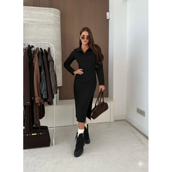 Kadın Uzun Kollu Yakalı Yandan Yırtmaçlı Midi Modal Elbise