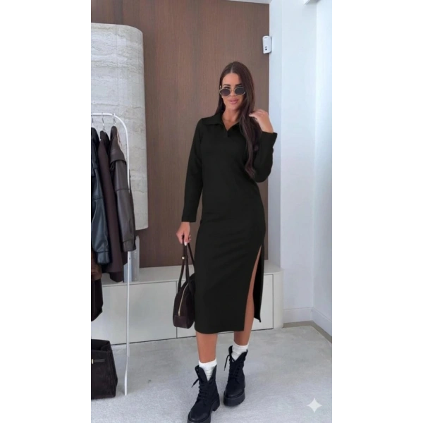 Kadın Uzun Kollu Yakalı Yandan Yırtmaçlı Midi Modal Elbise