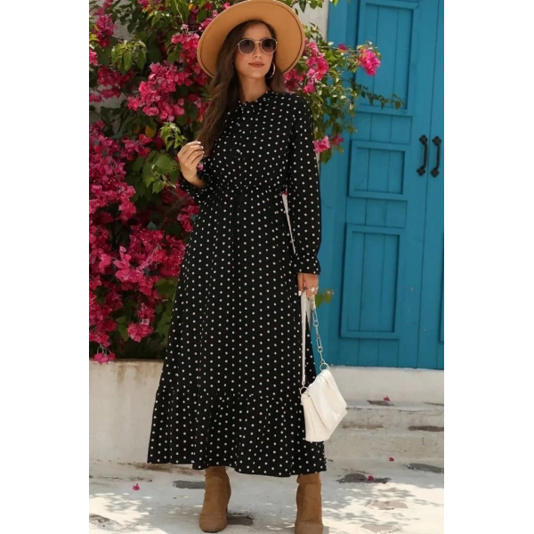 Kadın Uzun Kollu Yakası Bağcıklı Uzun Puantiyeli Krep Maxi Elbise