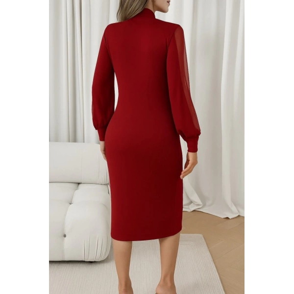 Kadın Uzun Kollu Yarı Balıkçı Yaka Tül Ve Inci Detaylı Kısa Ithal Krep Midi Elbise