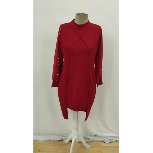 Kadın Uzun Kollu Yarı Balıkçı Yaka Tül Ve Inci Detaylı Kısa Ithal Krep Midi Elbise