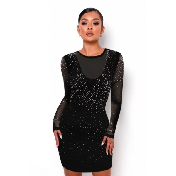 Kadın Uzun Kollu Yuvarlak Yaka Dekolteli Taşlı Dalgıç Elbise