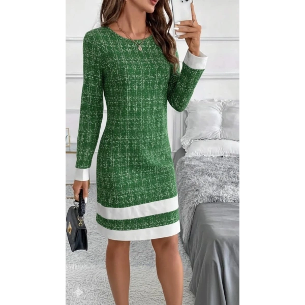 Kadın Uzun Kollu Yuvarlak Yaka Etek Ucu şerit Detaylı Mini Dokuma Elbise