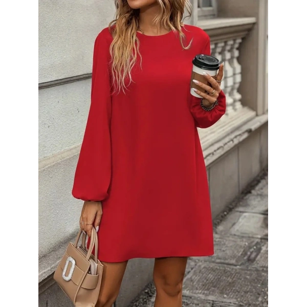 Kadın Uzun Kollu Yuvarlak Yaka Mini Ithal Krep Elbise