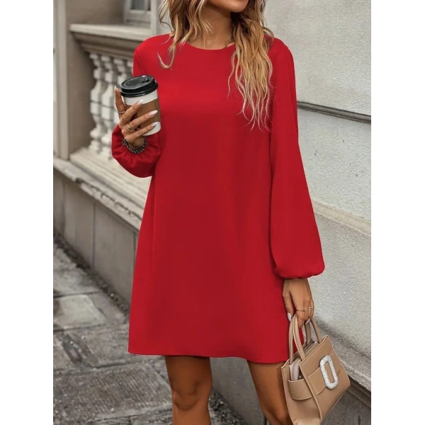 Kadın Uzun Kollu Yuvarlak Yaka Mini Ithal Krep Elbise