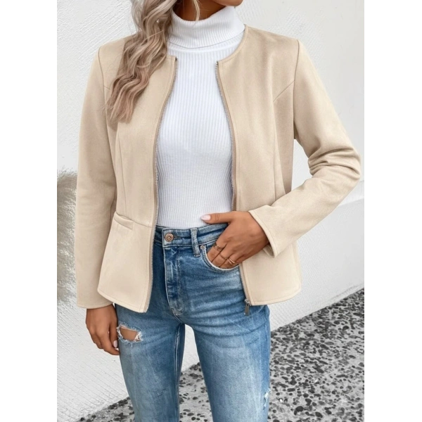 Kadın Uzun Kollu Yuvarlak Yaka önden Fermuarlı Süet Ceket