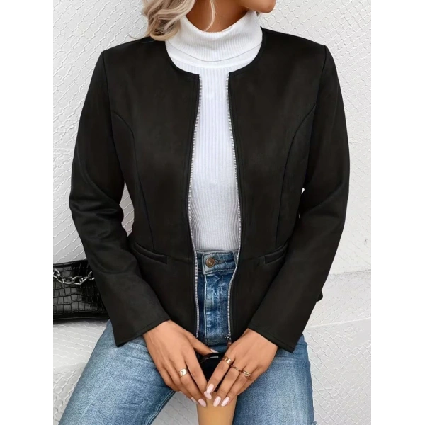 Kadın Uzun Kollu Yuvarlak Yaka önden Fermuarlı Süet Ceket