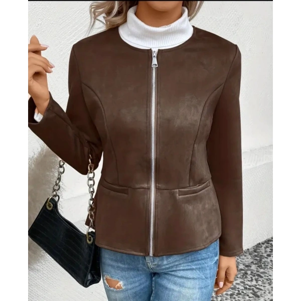 Kadın Uzun Kollu Yuvarlak Yaka önden Fermuarlı Süet Ceket