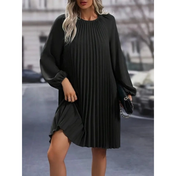 Kadın Uzun Kollu Yuvarlak Yaka Pileli Salaş Mini Ithal Krep Elbise