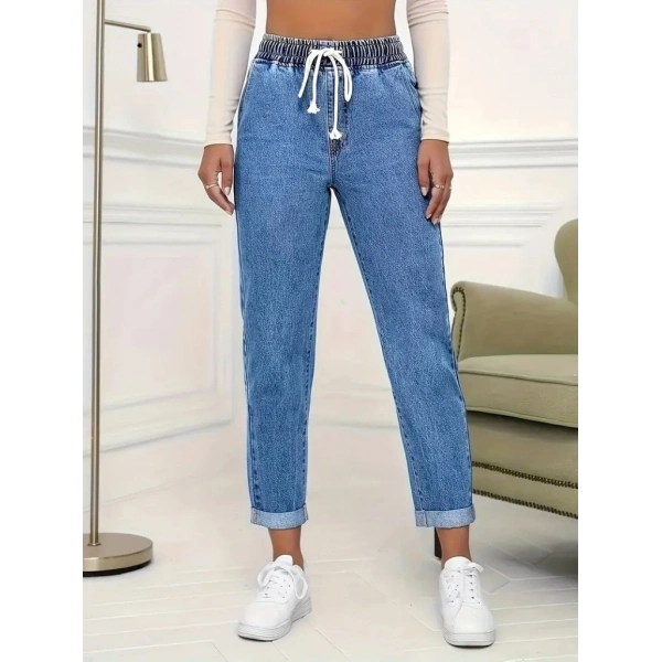 Kadın Yüksek Bel Bağcıklı Kot Pantolon