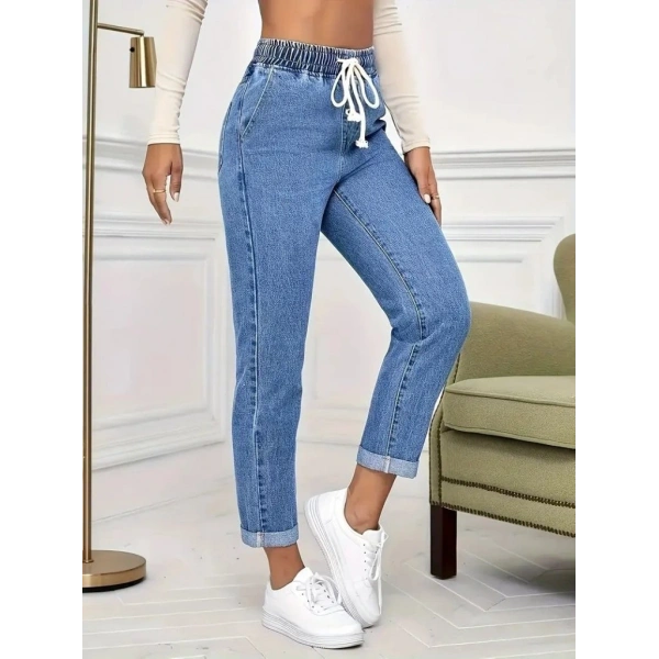 Kadın Yüksek Bel Bağcıklı Kot Pantolon