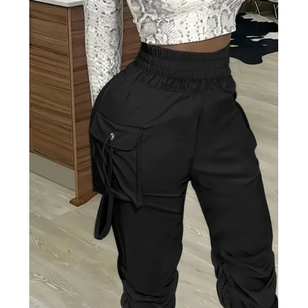 Kadın Yüksek Bel Beli Lastikli Kargo Cep Detaylı Gabardin Pantolon