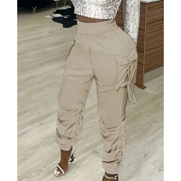 Kadın Yüksek Bel Beli Lastikli Kargo Cep Detaylı Gabardin Pantolon