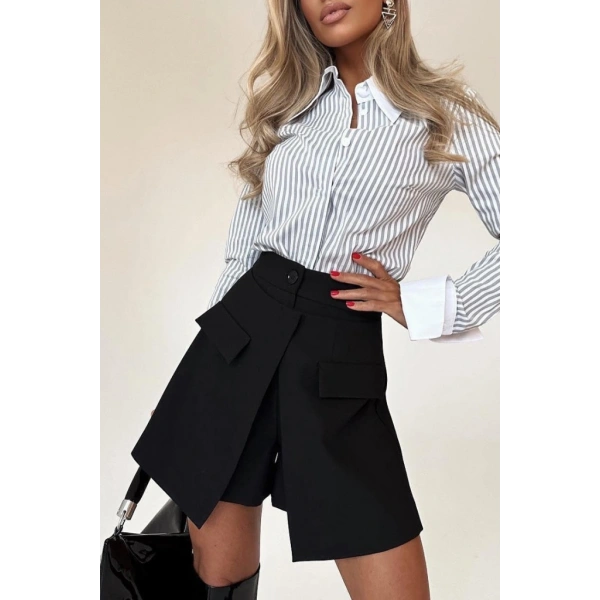 Kadın Yüksek Bel Düğmeli Asimetrik Kesim Cepli Kısa Ithal Krep şort Etek