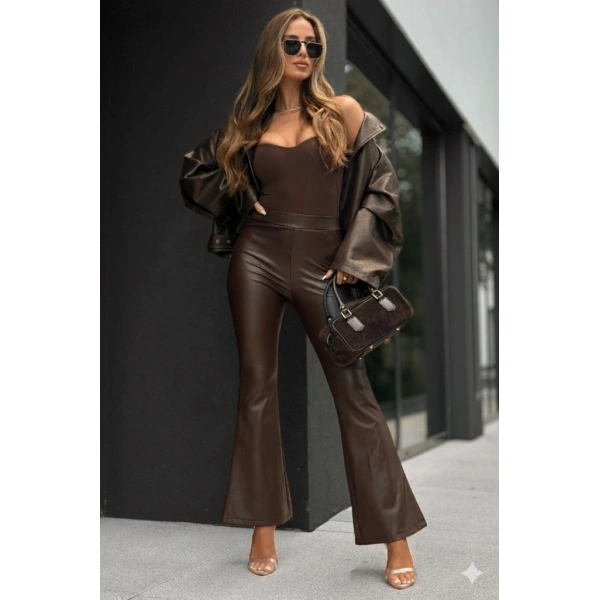 Kadın Yüksek Bel İspanyol Paçalı Deri Pantolon