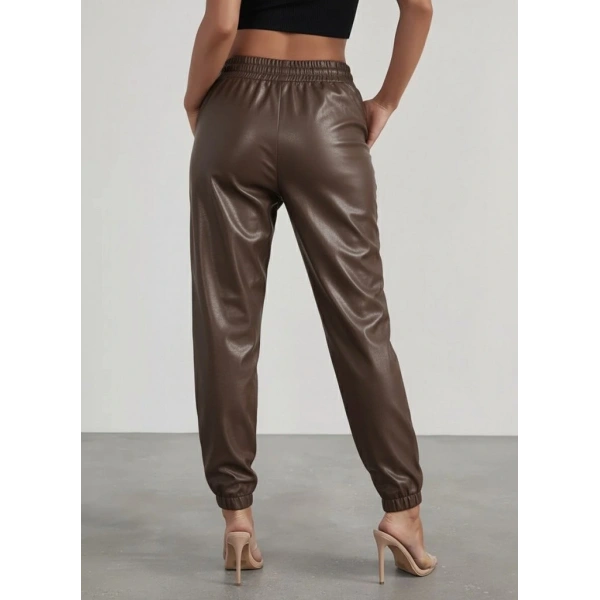 Kadın Yüksek Bel Lastikli önü Düğmeli Deri Pantolon