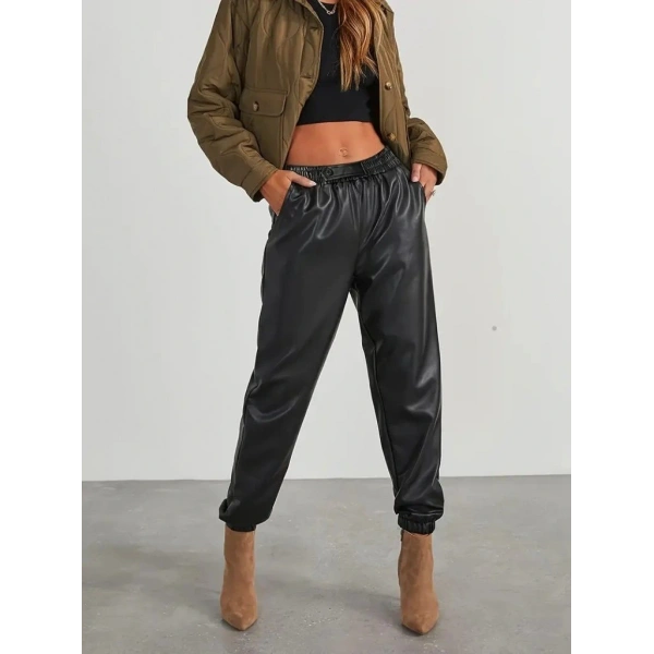 Kadın Yüksek Bel Lastikli önü Düğmeli Deri Pantolon