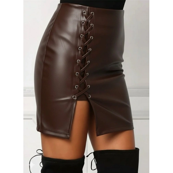 Kadın Yüksek Bel Yandan çapraz Bağcıklı Yırtmaçlı Mini Deri Etek