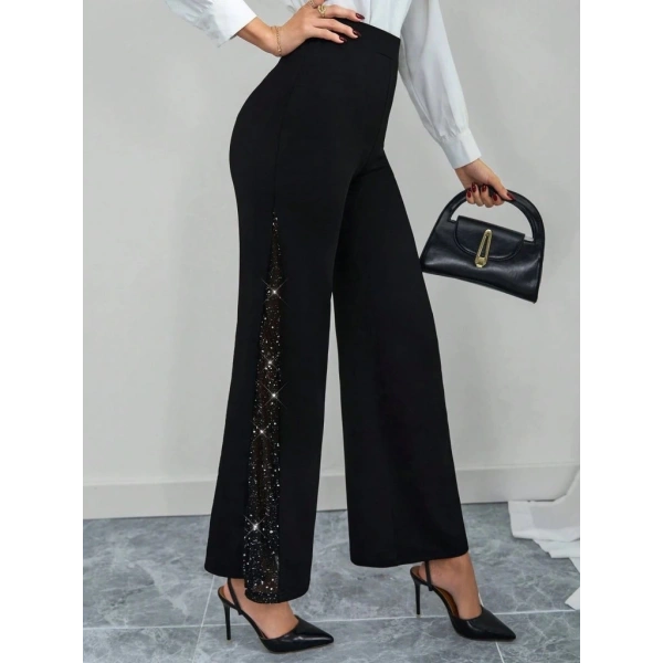 Kadın Yüksek Bel Yanlardan Tül Detaylı Ithal Krep Pantolon