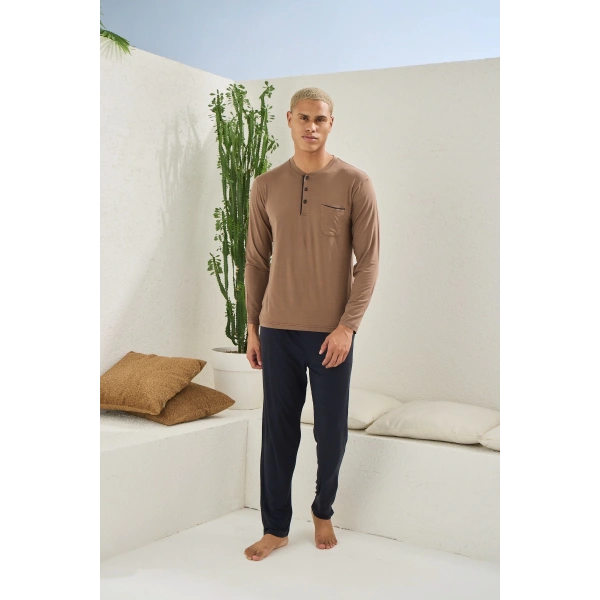 Kocabey 9220 Erkek Midi Yaka Uzun Kol Pijama Takım