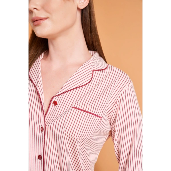 PJS 28001 Kadın Uzun Kol Çizgili Önü Düğmeli Pijama Takım
