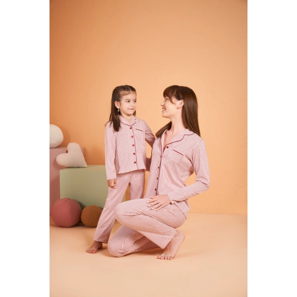 PJS 28001 Kadın Uzun Kol Çizgili Önü Düğmeli Pijama Takım
